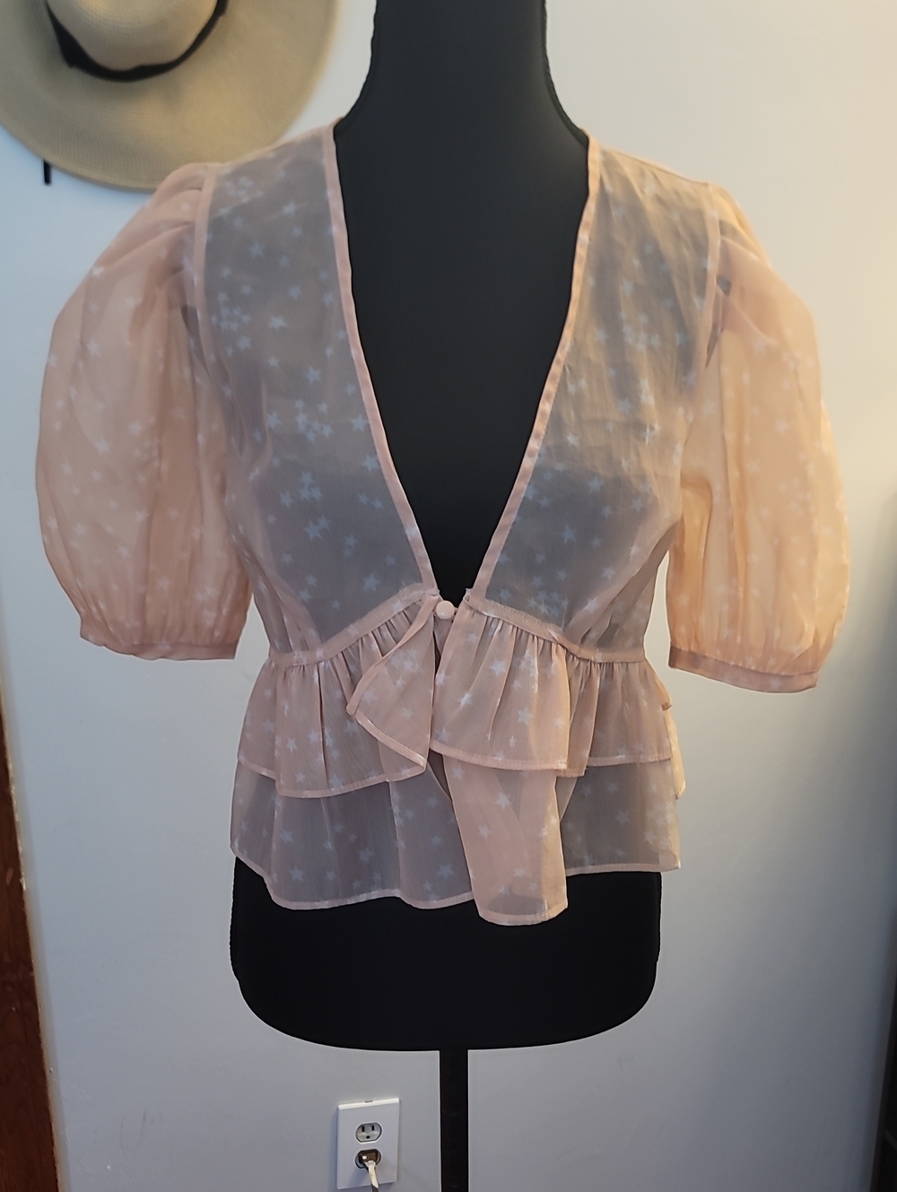 NWT SkyLar Rose Feminine Sheer Pale Coral Pink Ruffle Puff Sleeve Blouse